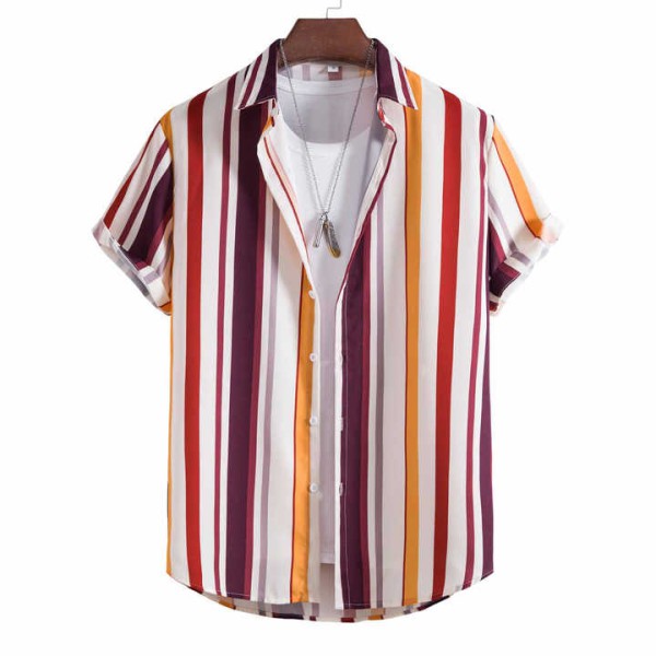 Summer Hawaiian Shirt for Men Casual Fashion Striped Short Sleeve